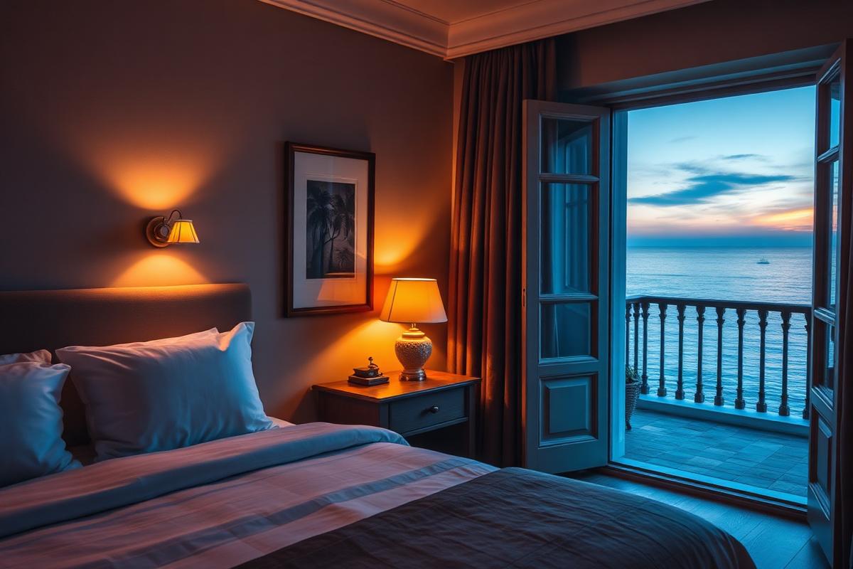 Cozy boutique hotel room with a warm bedside lamp and open balcony door with a sea view